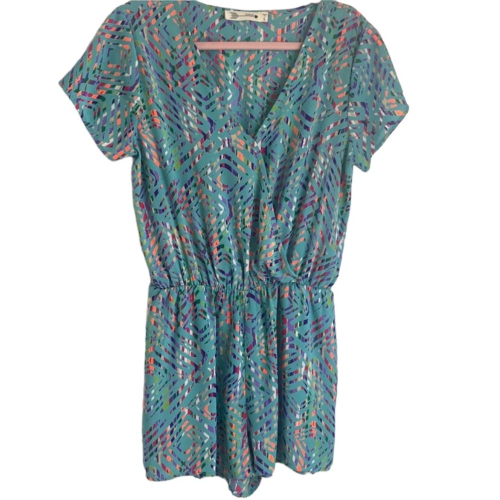 BUDDY LOVE TEAL TROPICAL COLORS ROMPER WITH POCKETS LARGE SNAP GREEN ENCLOSURE
